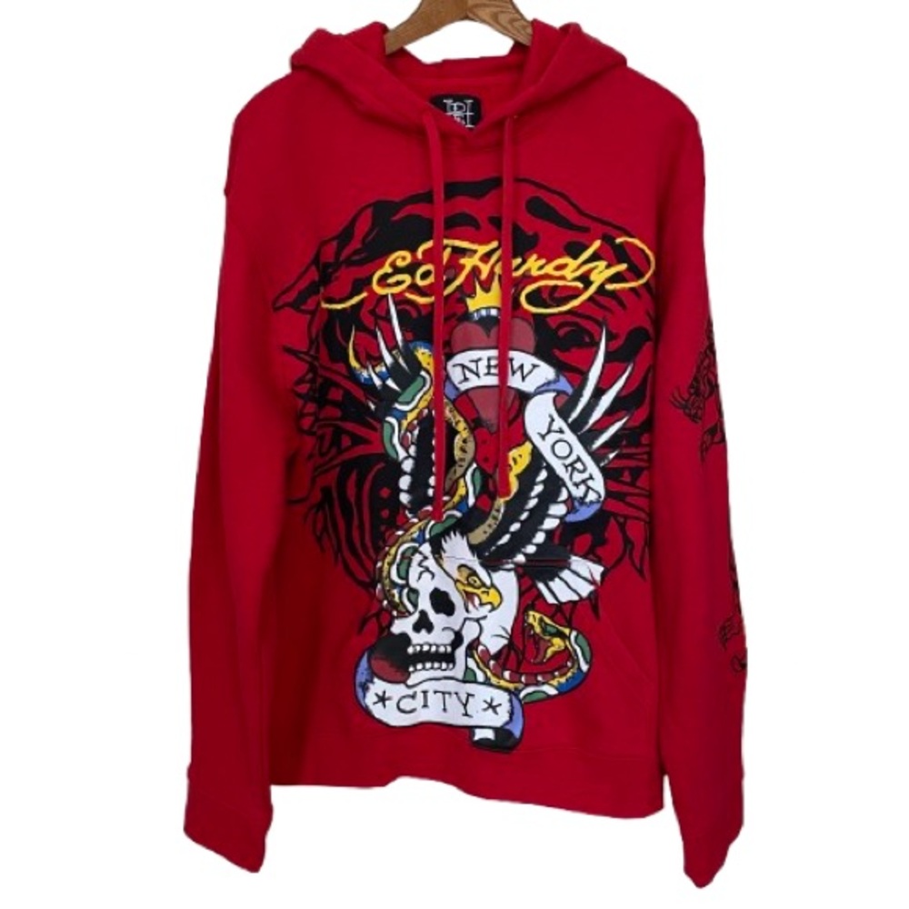 Ed Hardy Men’s Graphic Hoodie Size L Red New York City Scull Eagle Snake Y2K EUC
